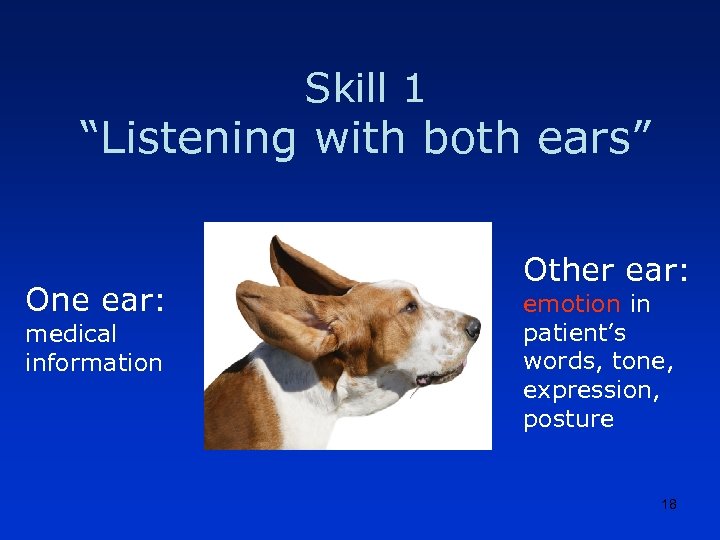 Skill 1 “Listening with both ears” One ear: medical information Other ear: emotion in