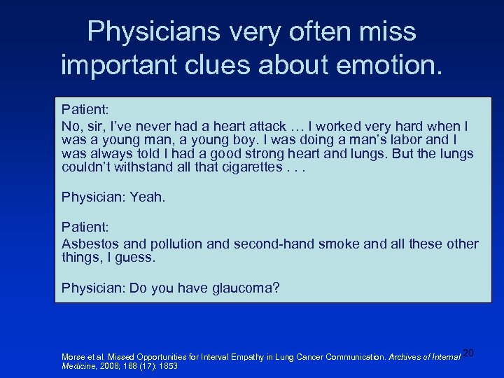 Physicians very often miss important clues about emotion. Patient: No, sir, I’ve never had