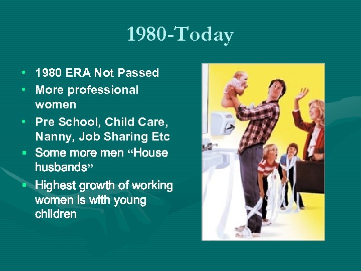 1980 -Today • 1980 ERA Not Passed • More professional women • Pre School,