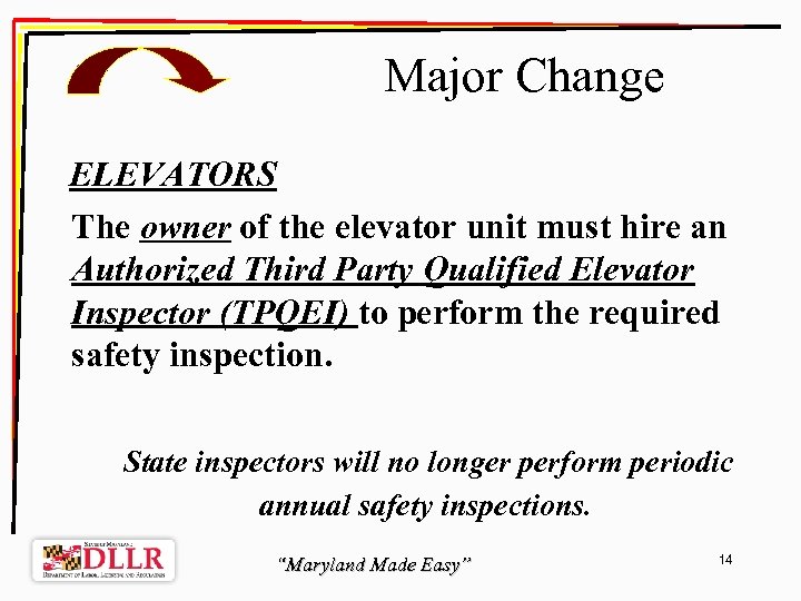 Major Change ELEVATORS The owner of the elevator unit must hire an Authorized Third