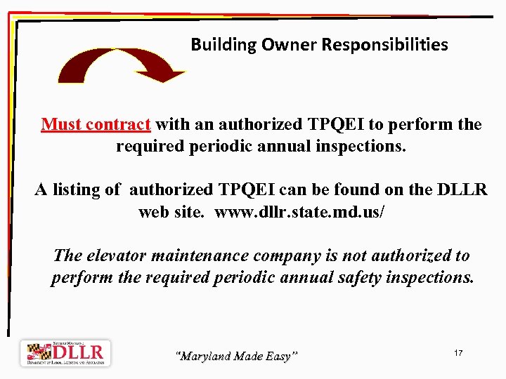 Building Owner Responsibilities Must contract with an authorized TPQEI to perform the required periodic