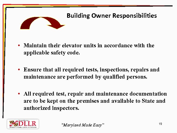 Building Owner Responsibilities • Maintain their elevator units in accordance with the applicable safety