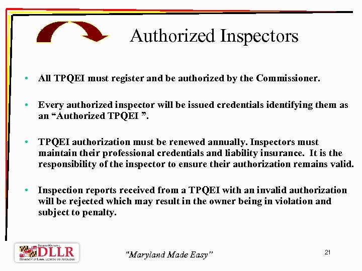 Authorized Inspectors • All TPQEI must register and be authorized by the Commissioner. •