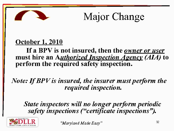 Major Change October 1, 2010 If a BPV is not insured, then the owner