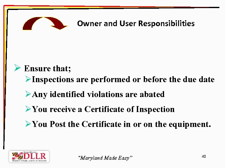 Owner and User Responsibilities Ø Ensure that; ØInspections are performed or before the due