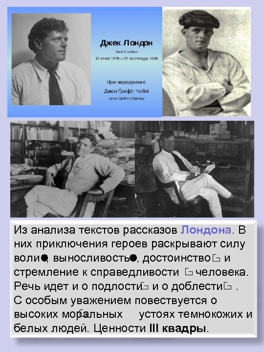 Из анализа текстов рассказов Лондона. В них приключения героев раскрывают силу воли , выносливость