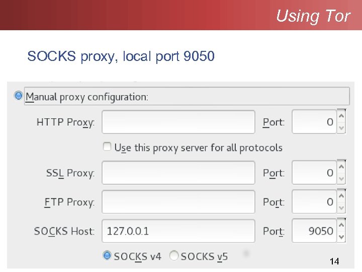 Using Tor SOCKS proxy, local port 9050 14 