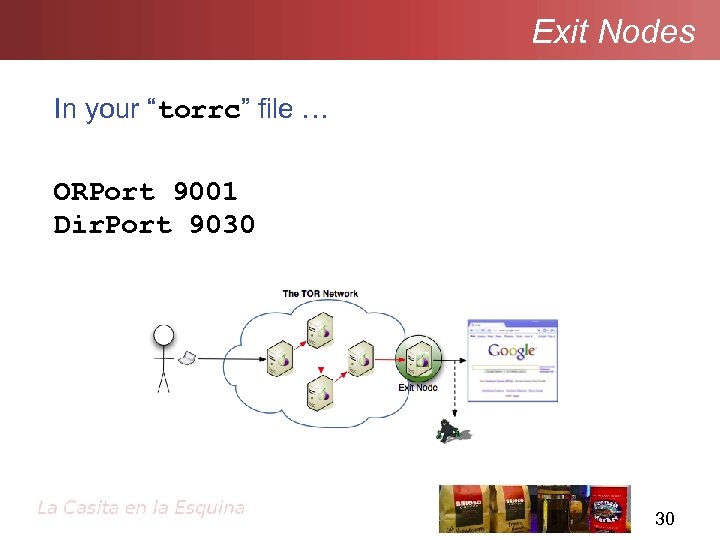 Exit Nodes In your “torrc” file … ORPort 9001 Dir. Port 9030 30 