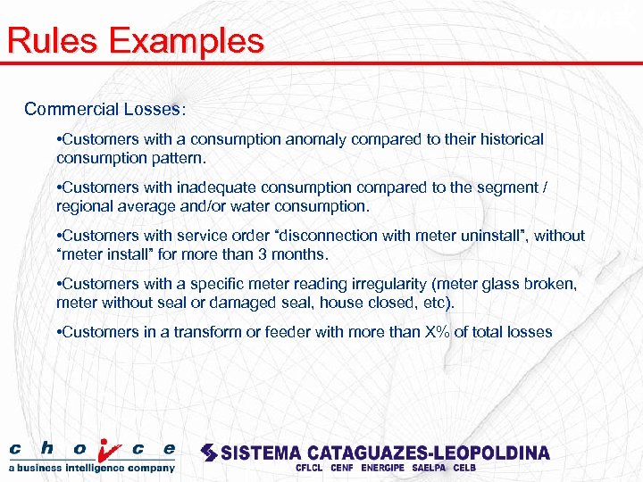 Rules Examples Commercial Losses: • Customers with a consumption anomaly compared to their historical