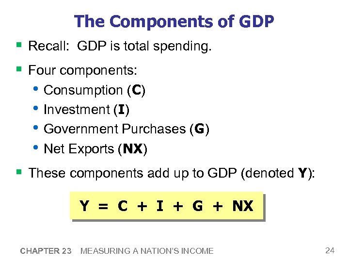 The Components of GDP § Recall: GDP is total spending. § Four components: •