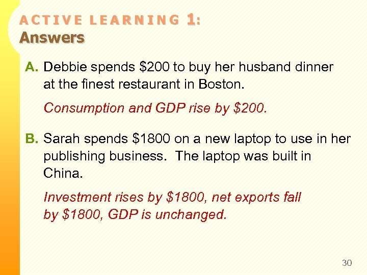 ACTIVE LEARNING Answers 1: A. Debbie spends $200 to buy her husband dinner at