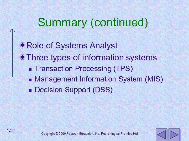 Summary (continued) Role of Systems Analyst Three types of information systems n n n