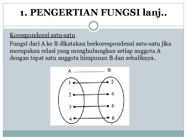 1. PENGERTIAN FUNGSI lanj. . Korespondensi satu-satu Fungsi dari A ke B dikatakan berkorespondensi