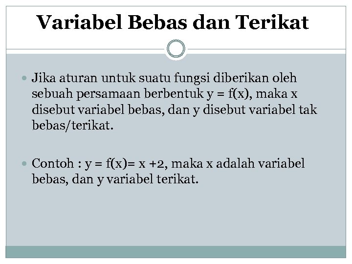Variabel Bebas dan Terikat Jika aturan untuk suatu fungsi diberikan oleh sebuah persamaan berbentuk