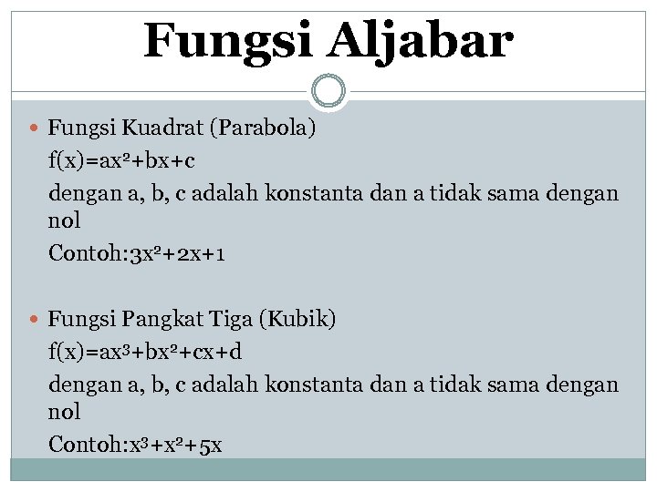 Fungsi Aljabar Fungsi Kuadrat (Parabola) f(x)=ax 2+bx+c dengan a, b, c adalah konstanta dan