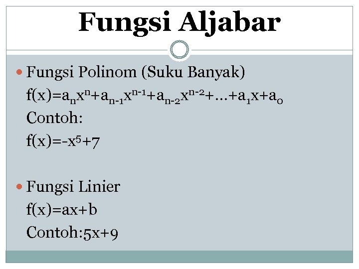 Fungsi Aljabar Fungsi Polinom (Suku Banyak) f(x)=anxn+an-1 xn-1+an-2 xn-2+…+a 1 x+a 0 Contoh: f(x)=-x
