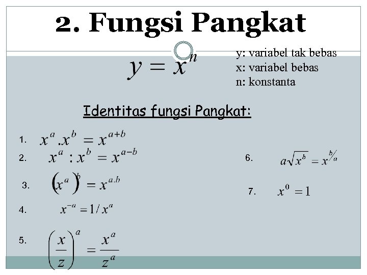 2. Fungsi Pangkat y: variabel tak bebas x: variabel bebas n: konstanta Identitas fungsi