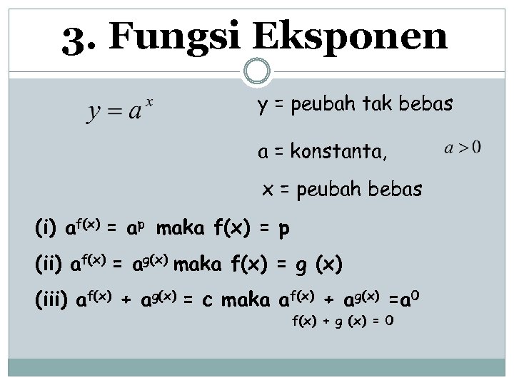 3. Fungsi Eksponen y = peubah tak bebas a = konstanta, x = peubah