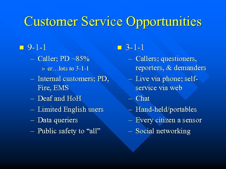 Customer Service Opportunities n 9 -1 -1 – Caller; PD ~85% » er…lots to