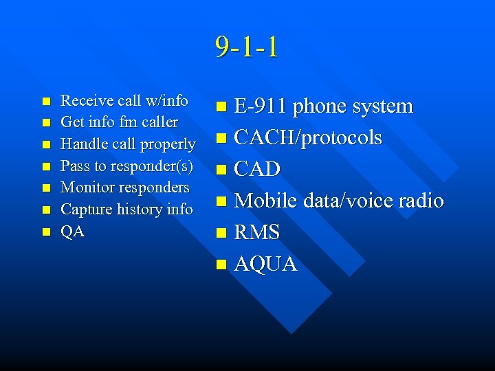 9 -1 -1 n n n n Receive call w/info Get info fm caller