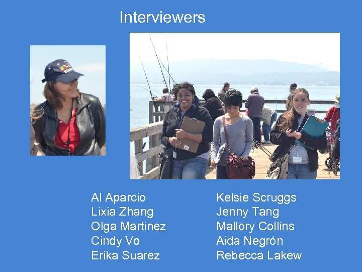 Interviewers Al Aparcio Lixia Zhang Olga Martinez Cindy Vo Erika Suarez Kelsie Scruggs Jenny