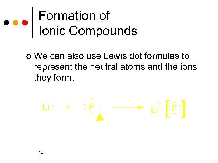 Formation of Ionic Compounds ¢ We can also use Lewis dot formulas to represent