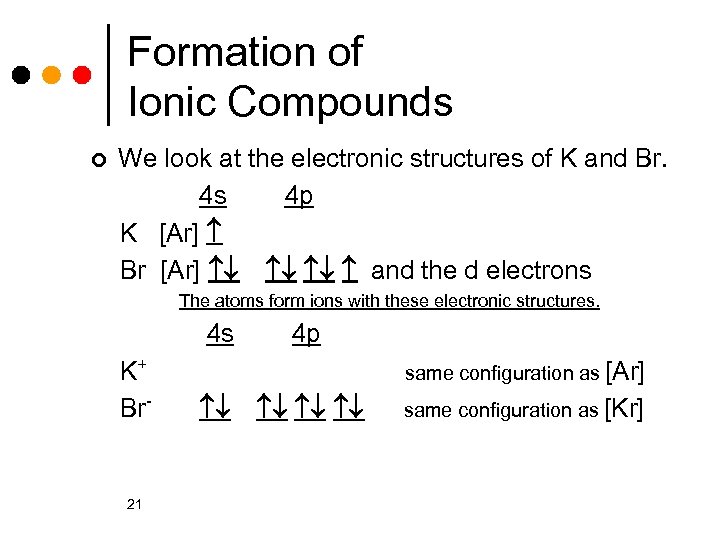 Formation of Ionic Compounds ¢ We look at the electronic structures of K and