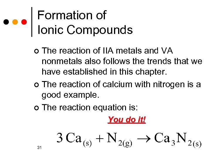 Formation of Ionic Compounds The reaction of IIA metals and VA nonmetals also follows
