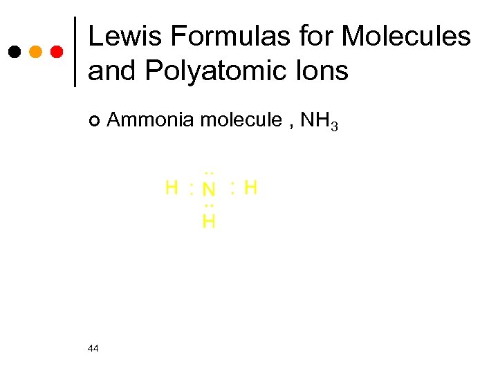 Lewis Formulas for Molecules and Polyatomic Ions ¢ 44 Ammonia molecule , NH 3