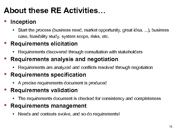 About these RE Activities… • Inception • • • Start the process (business need,