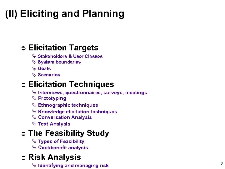 (II) Eliciting and Planning Elicitation Targets Stakeholders & User Classes System boundaries Goals Scenarios