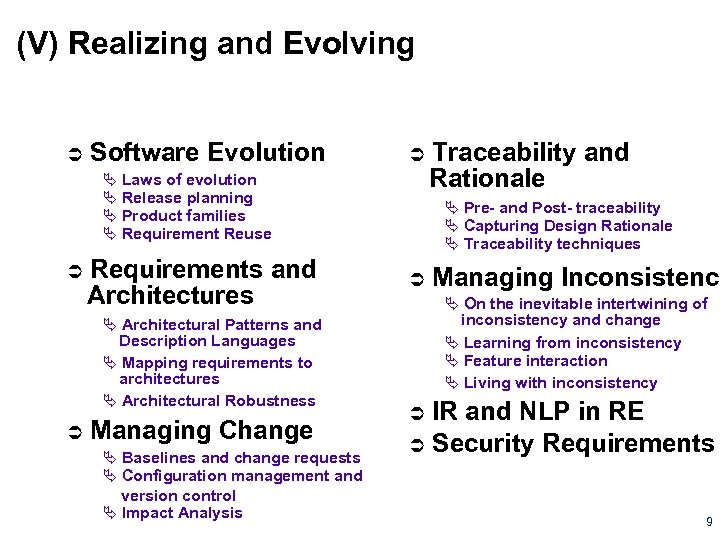 (V) Realizing and Evolving Software Evolution Laws of evolution Release planning Product families Requirement