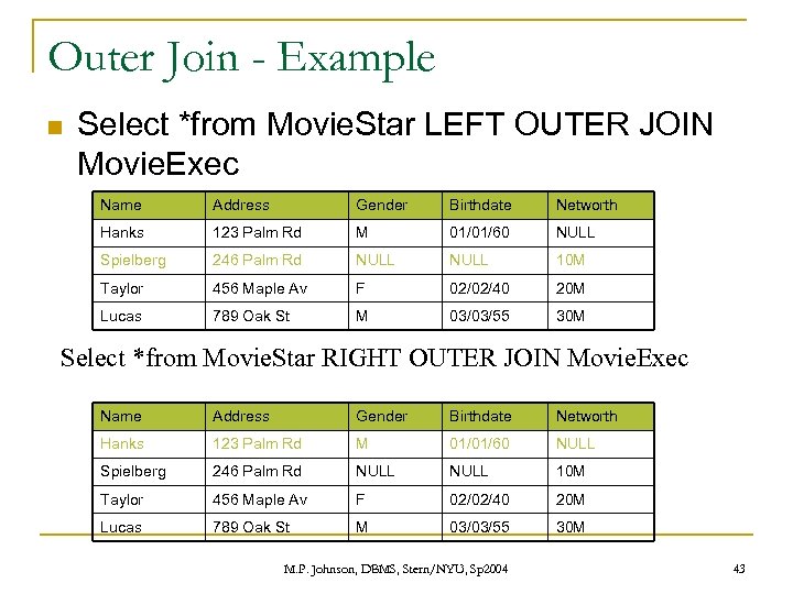 Outer Join - Example n Select *from Movie. Star LEFT OUTER JOIN Movie. Exec