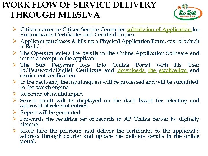 WORK FLOW OF SERVICE DELIVERY THROUGH MEESEVA Ø Citizen comes to Citizen Service Center