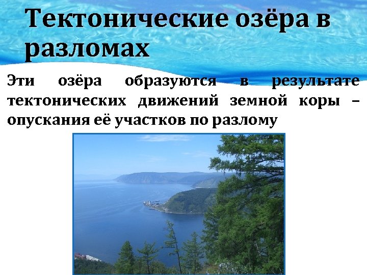 Тектонические озёра в разломах Эти озёра образуются в результате тектонических движений земной коры –