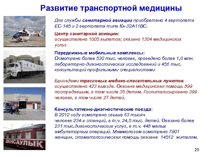  Развитие транспортной медицины Для службы санитарной авиации приобретено 4 вертолета ЕС-145 и 2