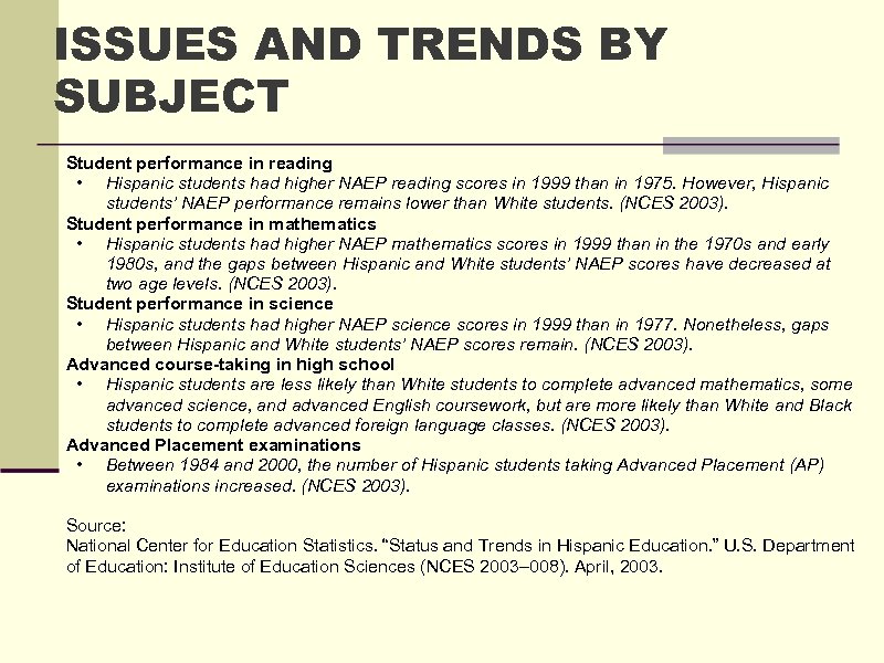ISSUES AND TRENDS BY SUBJECT Student performance in reading • Hispanic students had higher