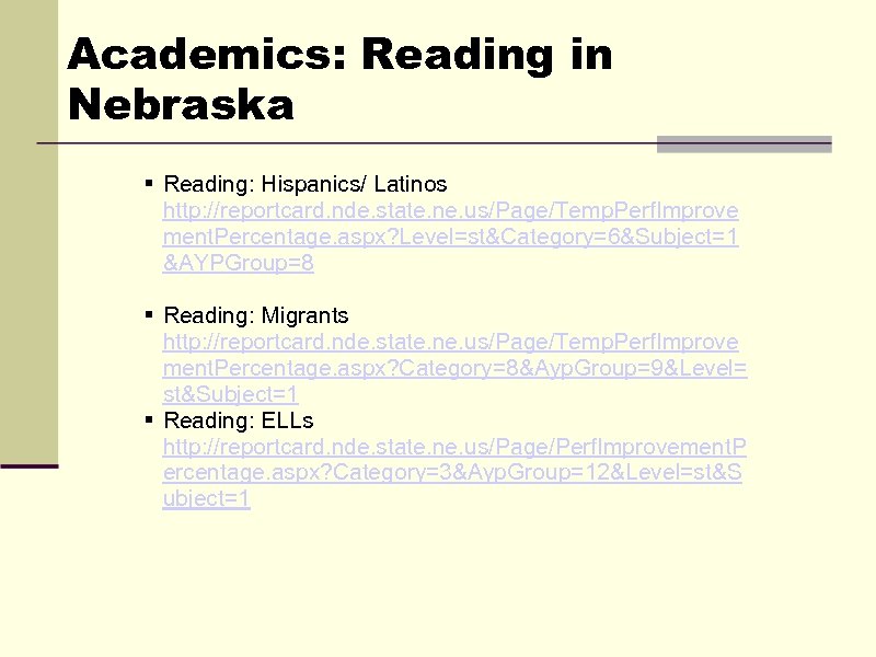  Academics: Reading in Nebraska § Reading: Hispanics/ Latinos http: //reportcard. nde. state. ne.