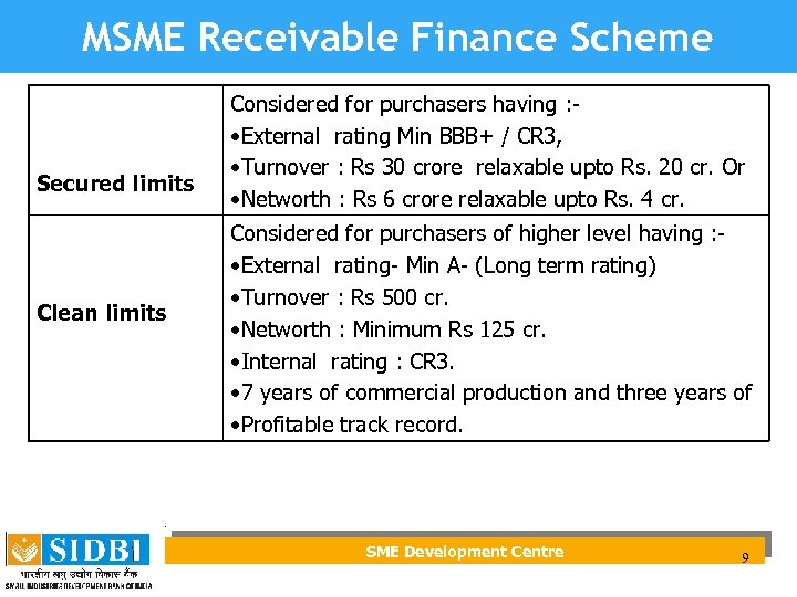 MSME Receivable Finance Scheme Secured limits Clean limits Considered for purchasers having : •