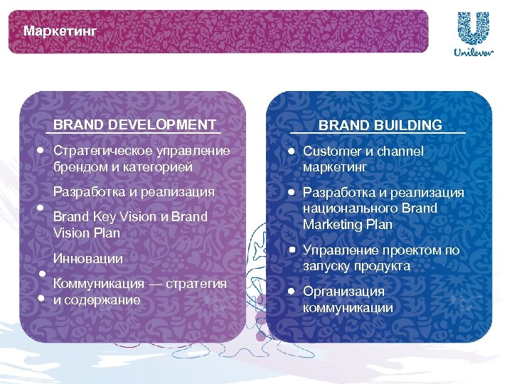 Маркетинг BRAND DEVELOPMENT BRAND BUILDING Стратегическое управление брендом и категорией Customer и channel маркетинг