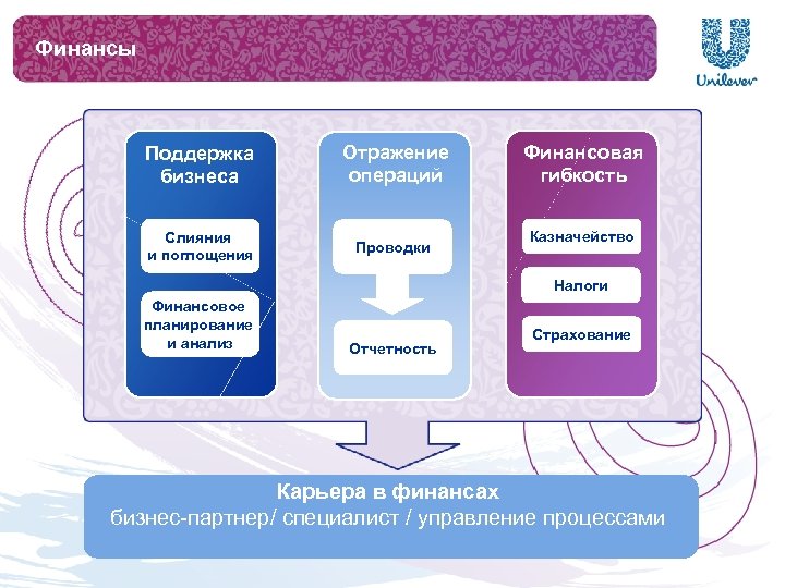 Финансы Поддержка бизнеса Отражение операций Слияния и поглощения Проводки Финансовая гибкость Казначейство Налоги Финансовое