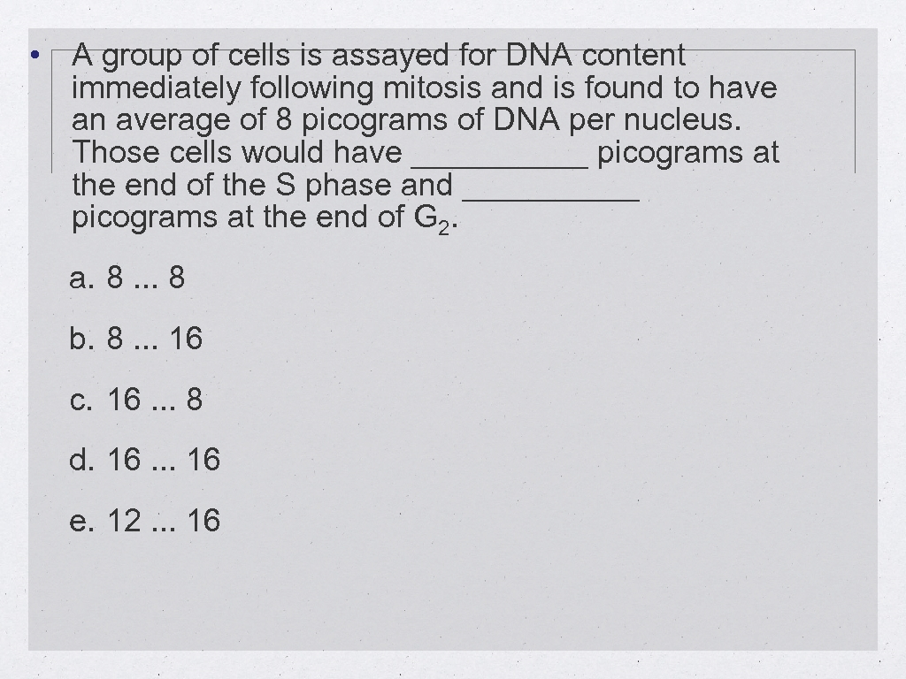  • A group of cells is assayed for DNA content immediately following mitosis