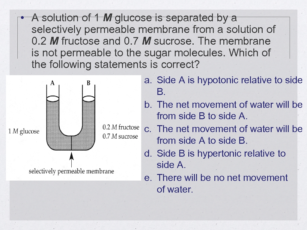  • A solution of 1 M glucose is separated by a selectively permeable