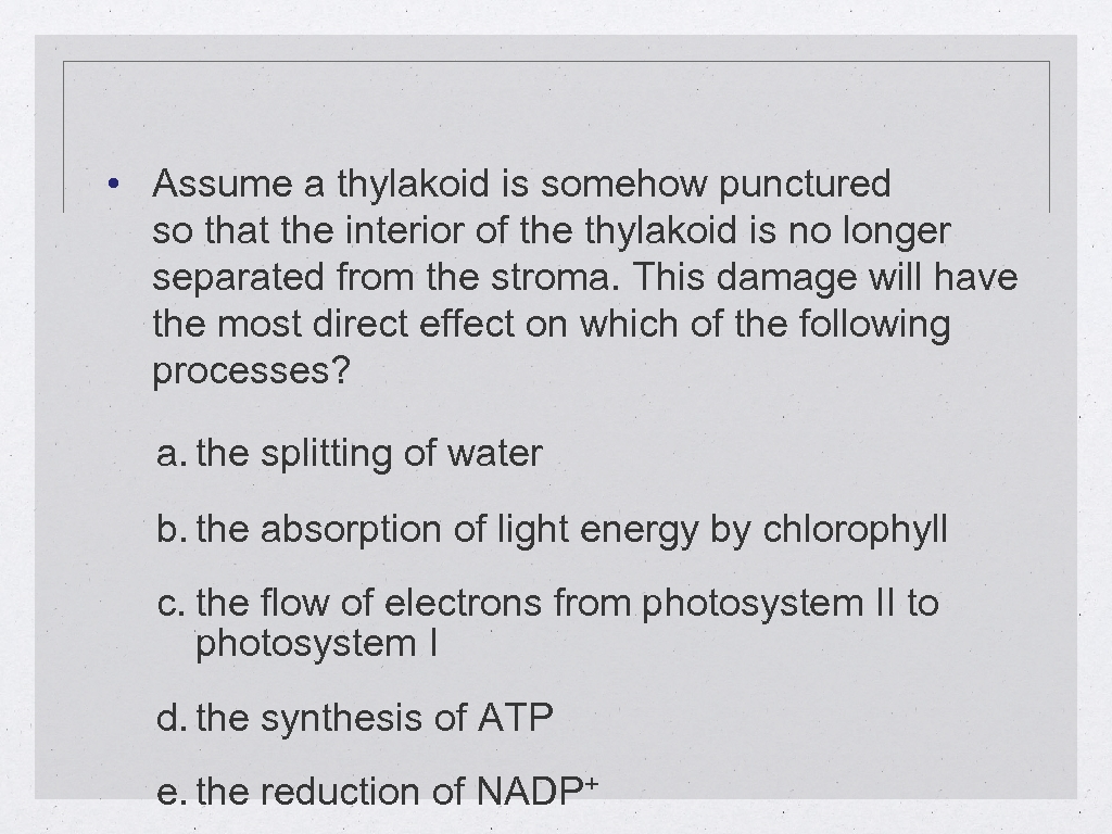  • Assume a thylakoid is somehow punctured so that the interior of the