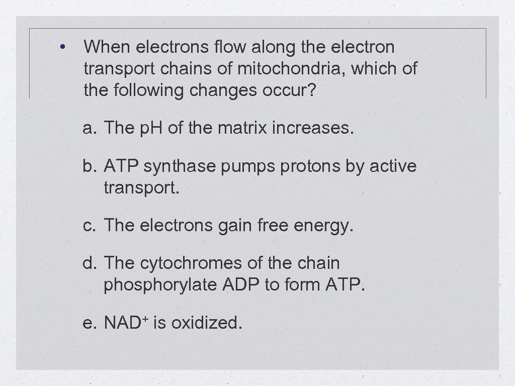  • When electrons flow along the electron transport chains of mitochondria, which of