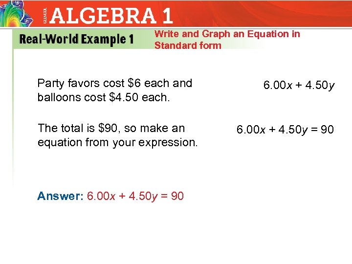 Write and Graph an Equation in Standard form Party favors cost $6 each and