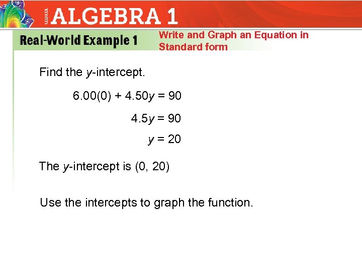 Write and Graph an Equation in Standard form Find the y-intercept. 6. 00(0) +