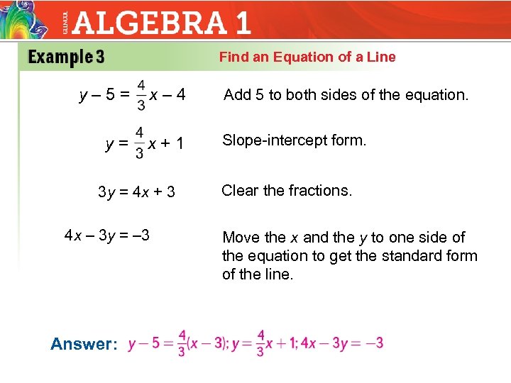 Find an Equation of a Line y– 5= x– 4 Add 5 to both