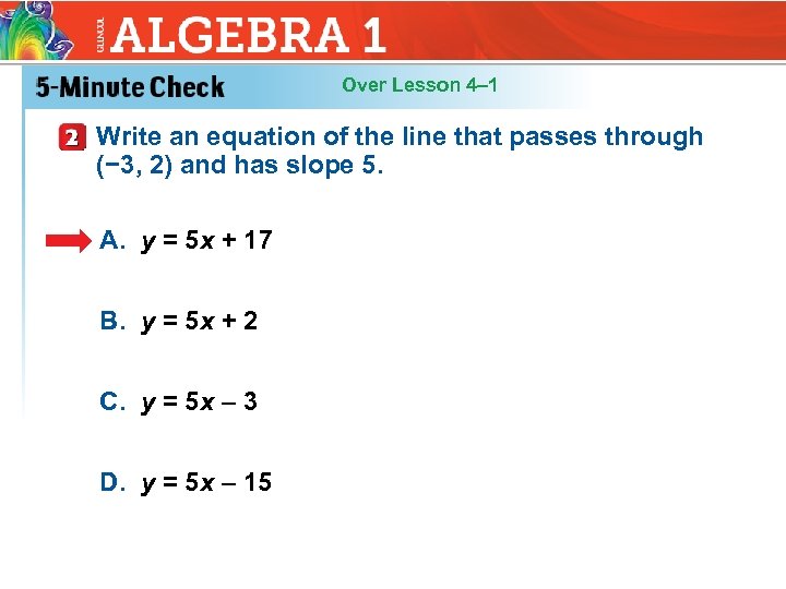 Over Lesson 4– 1 Write an equation of the line that passes through (−