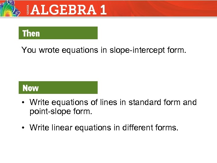 You wrote equations in slope-intercept form. • Write equations of lines in standard form